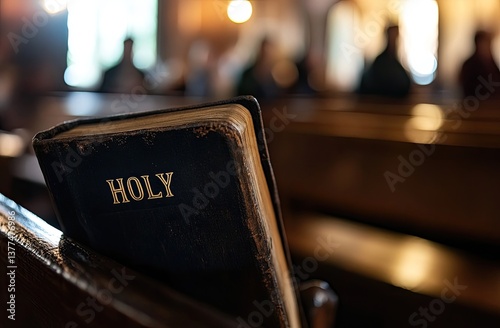 Holy Bible rests in church pew