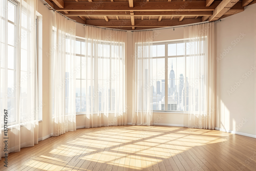 Obraz premium Spacious modern interior with tall sheer curtains, wooden ceiling beams, and sunlit hardwood floor, city skyline background, concept of urban living. Ai generative