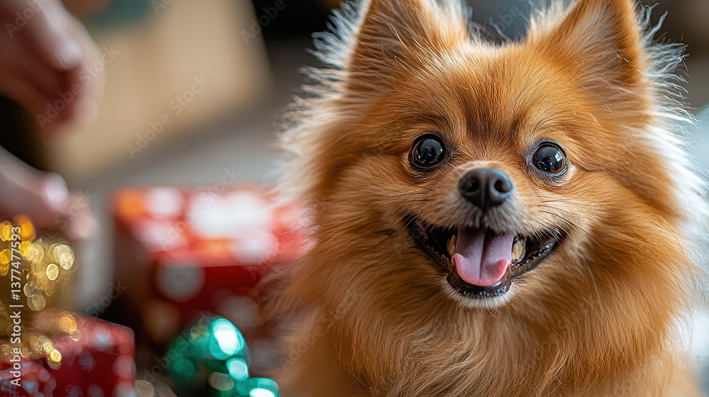 A happy Pomeranian dog sits smiling cheerfully among festively wrapped Christmas presents anticipating the holidays and joyful celebrations. A happy Pomeranian dog sits smiling cheerfully among festively wrapped Christmas presents anticipating the holidays and joyful celebrations.