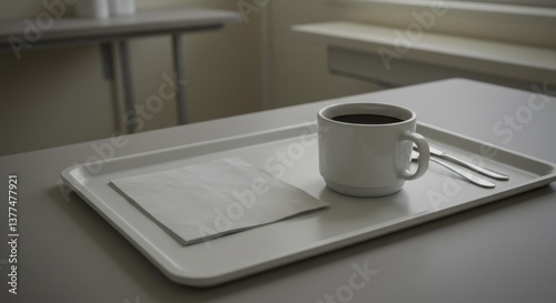 Coffee cup with paper on a tray against a minimalistic background  