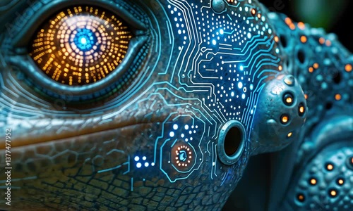 A futuristic cyborg gecko with glowing circuitry and a mesmerizing eye.