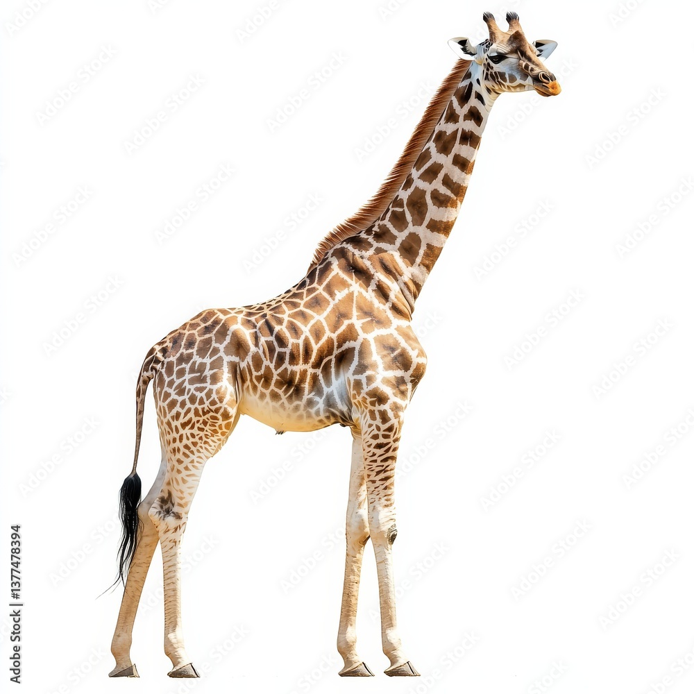 Obraz premium Elegant Giraffe Standing Tall Against a Clean White Backdrop, Showcasing Its Unique Pattern and Graceful Form.