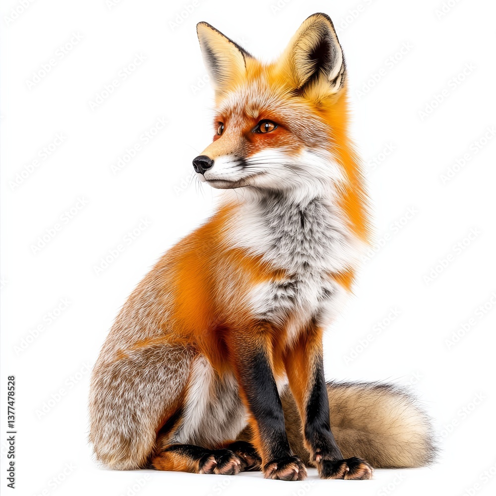 Obraz premium Elegant Red Fox Sitting with Grace on a White Background, Capturing its Beauty and Wild Charm