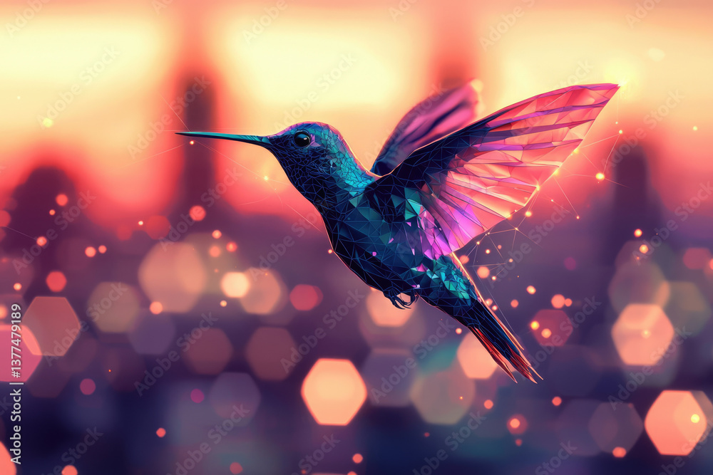 Naklejka premium A low-poly hummingbird soars gracefully against a soft bokeh background, blending nature and digital art, with beautiful sunset.