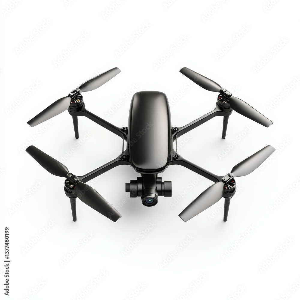 Sleek black drone with camera and four rotors isolated on white, showcasing modern aerial technology and design in high detail. Sleek black drone with camera and four rotors isolated on white, showcasing modern aerial technology and design in high detail.