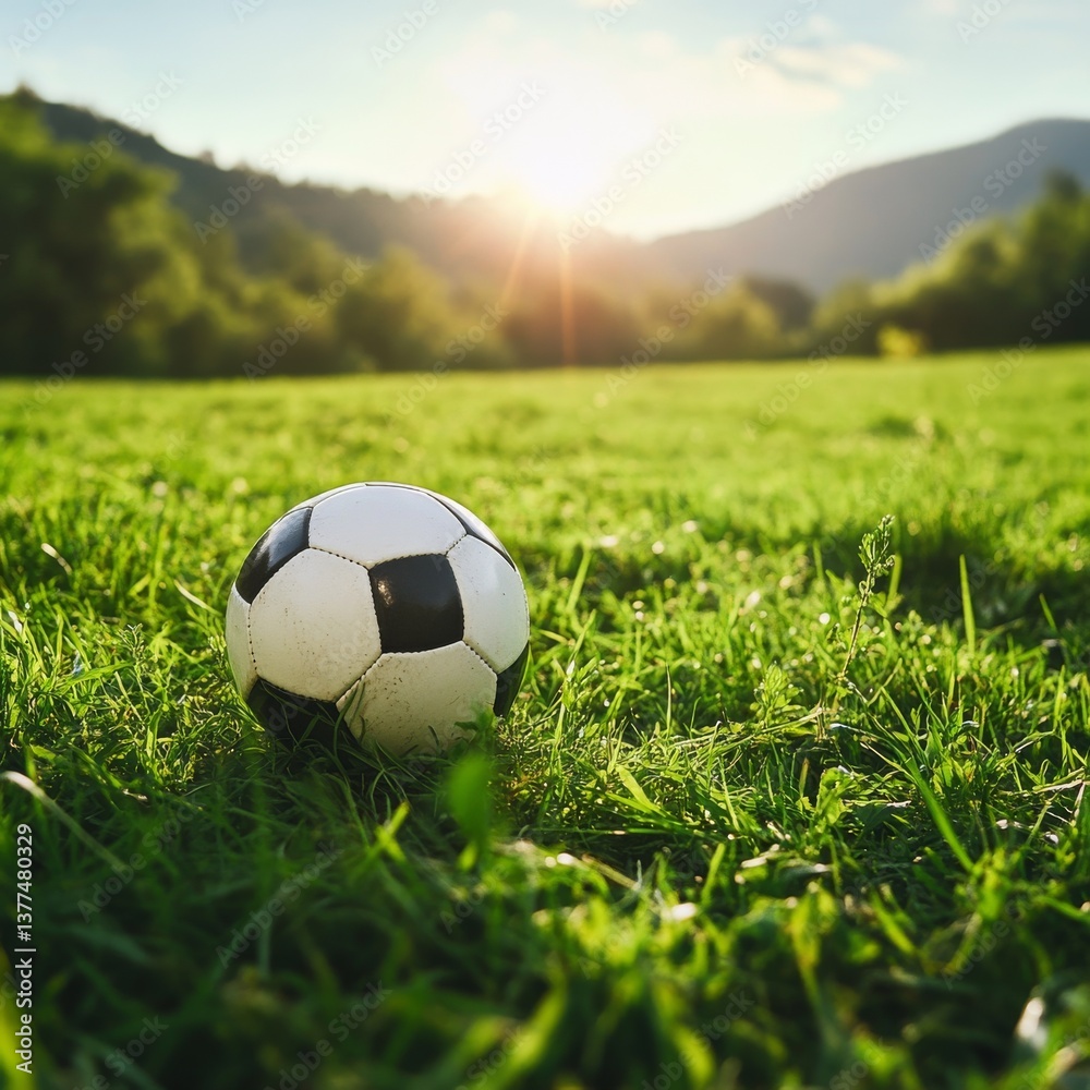 Fototapeta premium Soccer Ball on Grassy Field at Sunset: A Moment of Leisure and Recreation in Nature's Embrace