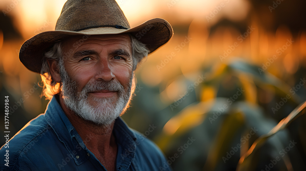 Portrait of a happy senior farmer standing in a cornfield, smiling with pride and joy, surrounded by crops.
