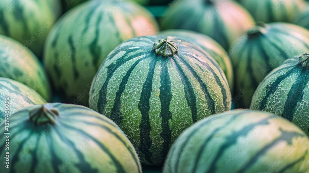 Fresh ripe watermelons with striped green patterns in market display Fresh ripe watermelons with striped green patterns in market display