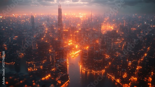 Futuristic neon cityscape at dusk with illuminated skyscrapers and cloudy sky