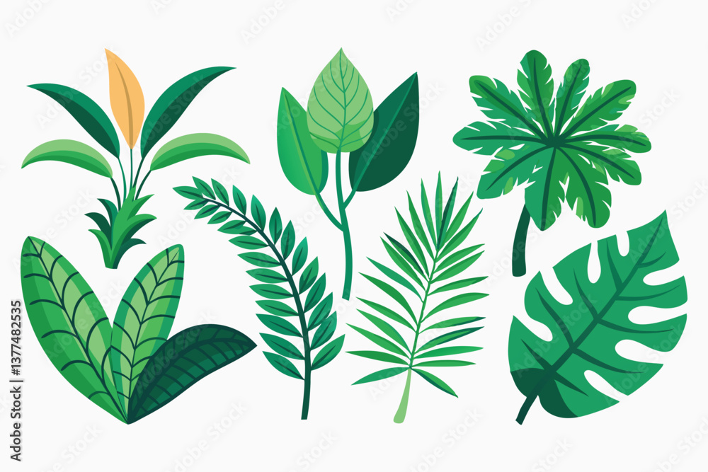 Set of green trees and leaves in a botanical illustration with plants, flowers, and organic foliage Set of green trees and leaves in a botanical illustration with plants, flowers, and organic foliage