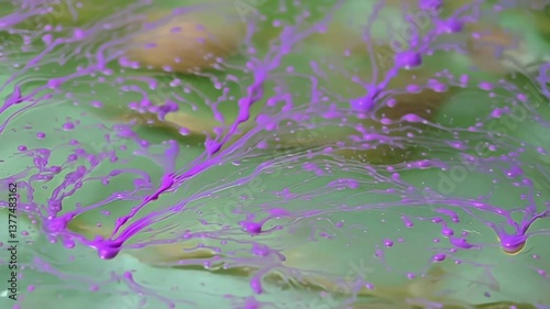 Paint splatter, abstract and close-up, purple on green, representing art