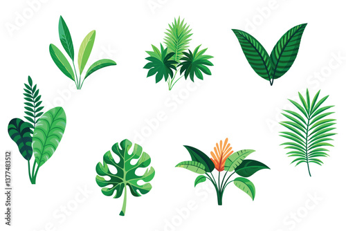 Set of green trees and leaves in a botanical illustration with plants, flowers, and organic foliage