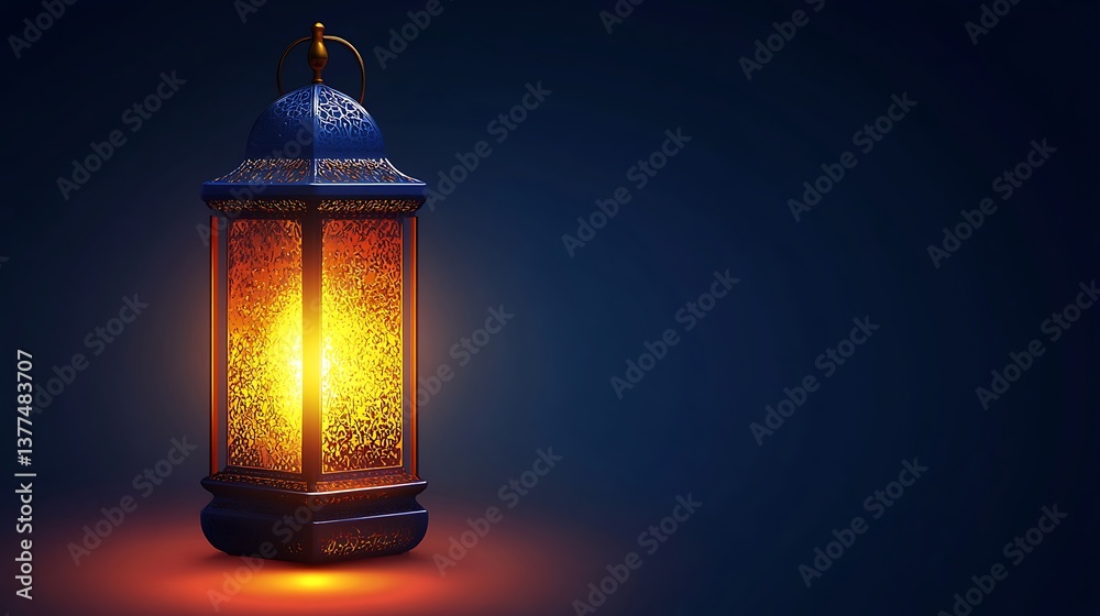 Fototapeta premium Illuminated lantern radiating a warm glow against a deep blue background