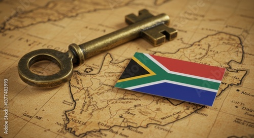 Exploration of Heritage: A Key and South African Flag on Vintage Map Illustrating History