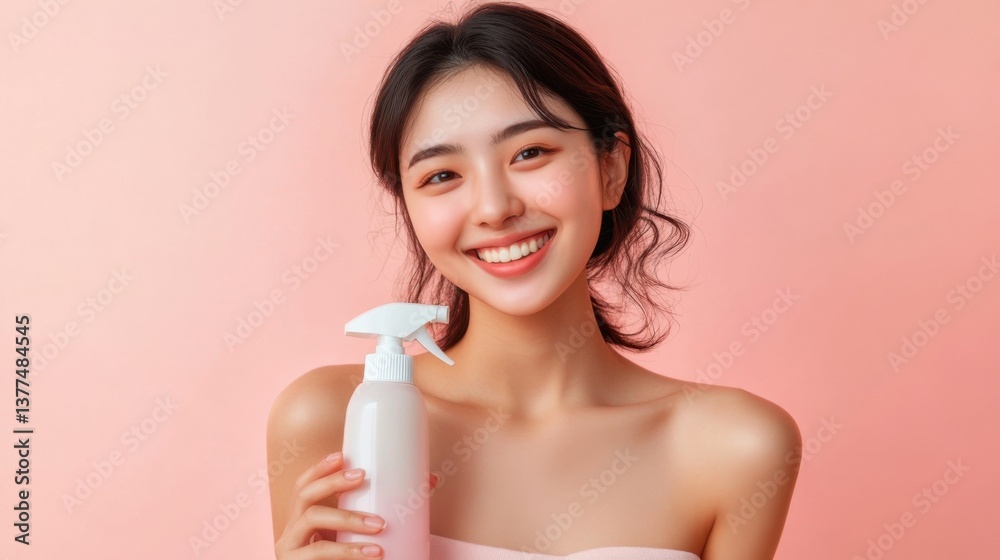 Young woman smiling while holding a spray bottle against a pastel pink background during a beauty routine Young woman smiling while holding a spray bottle against a pastel pink background during a beauty routine