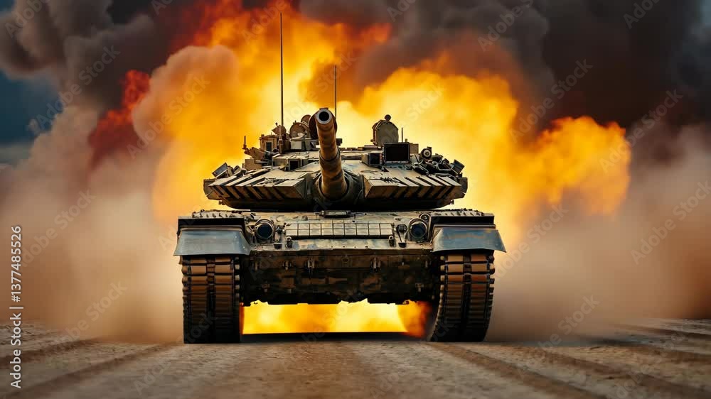Military tank advances through a battlefield engulfed in flames