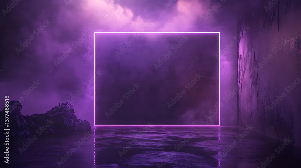 A purple neon frame illuminating dark misty environment and stone