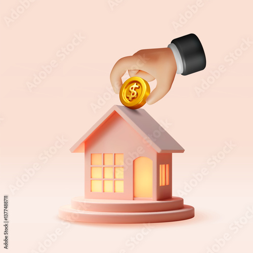 3D businessman putting gold coin in house. Render building and hand with money. Saving money for investment and home property, real estate, mortgage loan and financial planning. Vector illustration