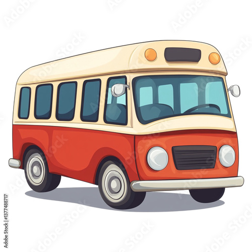 Retro Red and Beige Minibus Cartoon Illustration Fun Transport Vehicle,