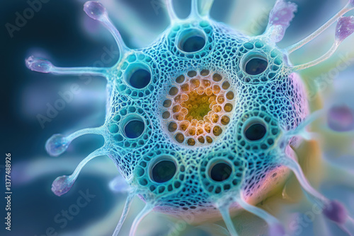 Detailed, iridescent, microscopic marine organism with radial symmetry, showing intricate patterns, holes, and bulbous appendages, set against a blurred background. photo