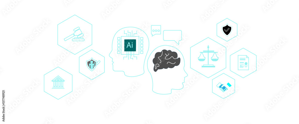 Human silhouette hologram with brain and chip, AI ethics and business policy Human silhouette hologram with brain and chip, AI ethics and business policy