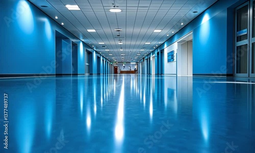 A modern hospital or office hallway with polished flooring and blue walls, perspective shot.