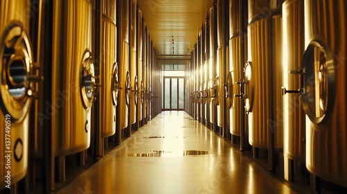 a big beer brewery hallway, factory, clean and new, vanishing point