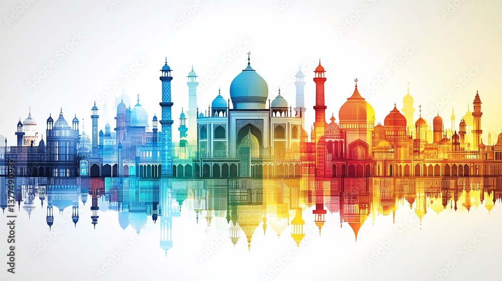 Fototapeta premium Colorful cityscape reflecting in water, vibrant architecture