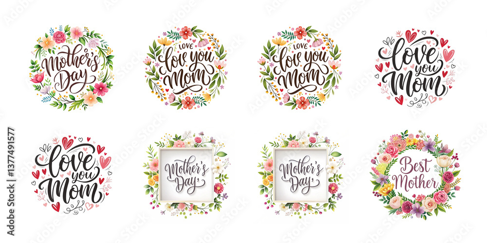 Fototapeta premium Happy mothers day calligraphy floral text isolated on transparent background