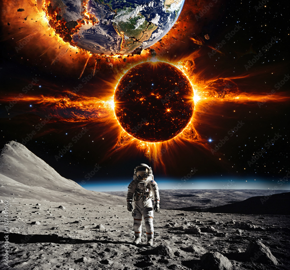 Last witness of the end of the world. An astronaut looks at the destroyed Earth