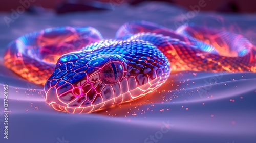Glowing Neon Snake Close Up Digital Art Vivid Colors Reptile Scales