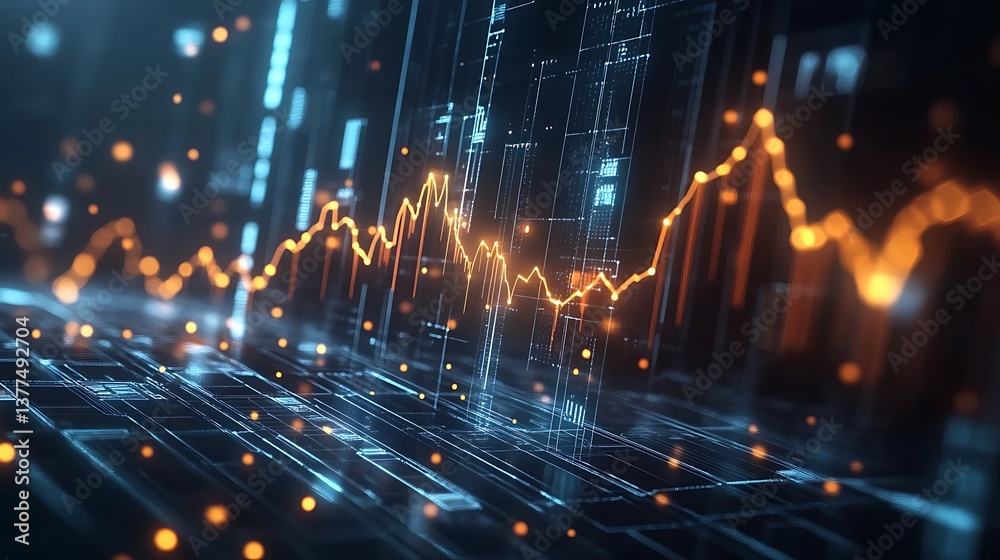 Fototapeta premium Business growth chart represented by glowing lights and data flow in image