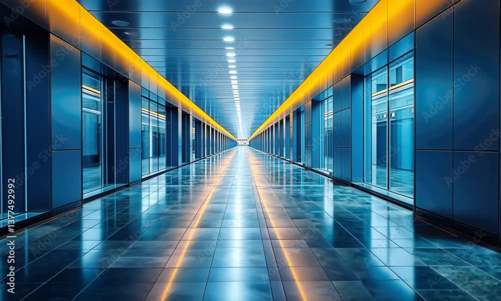 A long, symmetrical interior corridor featuring glass walls, warm lighting, and reflective flooring.