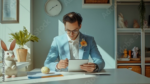 A confident executive in a pastel blue blazer checking emails while an elegant Easter bunny figurine rests on a nearby shelf