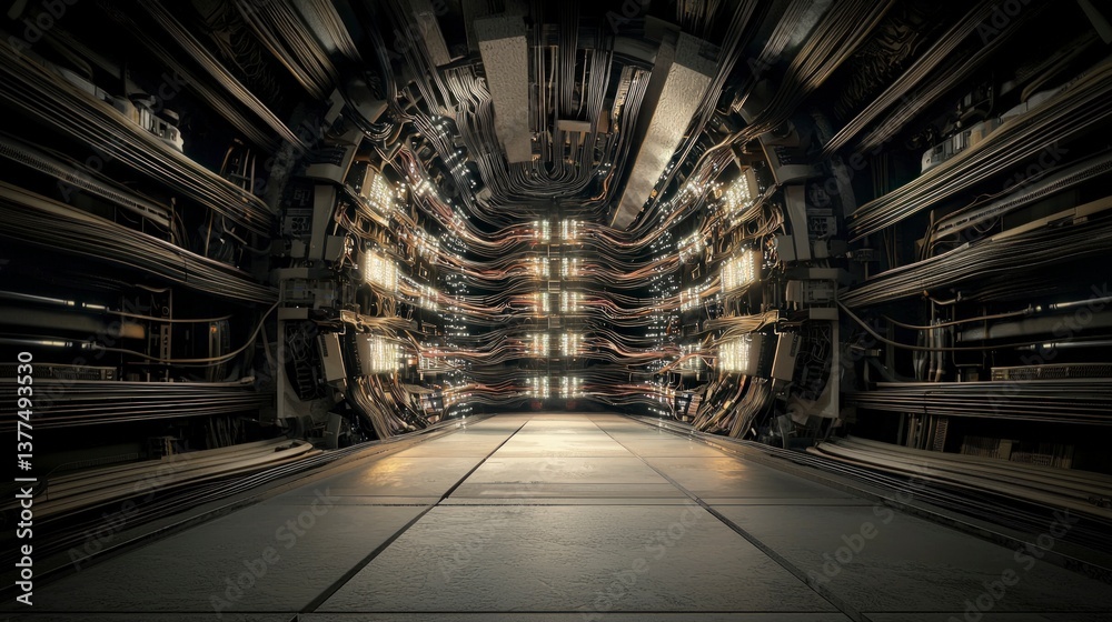Obraz premium Futuristic Industrial Corridor Dark Metal and Light Architecture