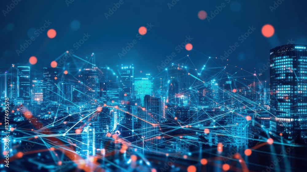 Obraz premium A futuristic cityscape illuminated by blue lights and network connections, conveying advanced technology and urban innovation.