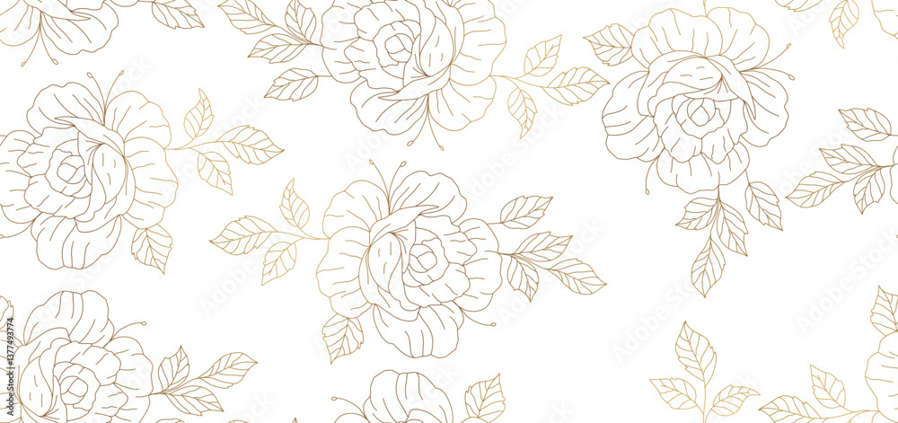 Fototapeta premium Vintage luxury seamless floral background with golden lilies flowers. Romantic pattern template for wall decor, wallpaper, wedding invitations, ceremonies, cards.