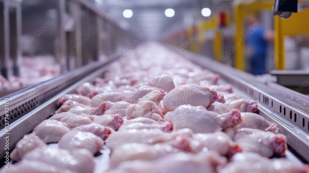 Fototapeta premium Chicken processing line with raw poultry on conveyor belt in industrial facility during daytime operations