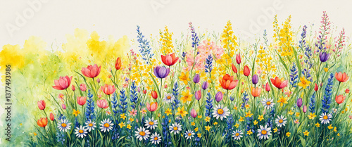 watercolor flower field, br...