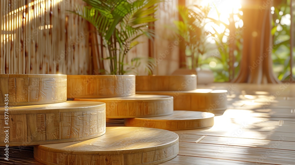 Fototapeta premium Serene Wooden Steps Display in Sunlit Bamboo Setting Peaceful Zen Product Presentation Background