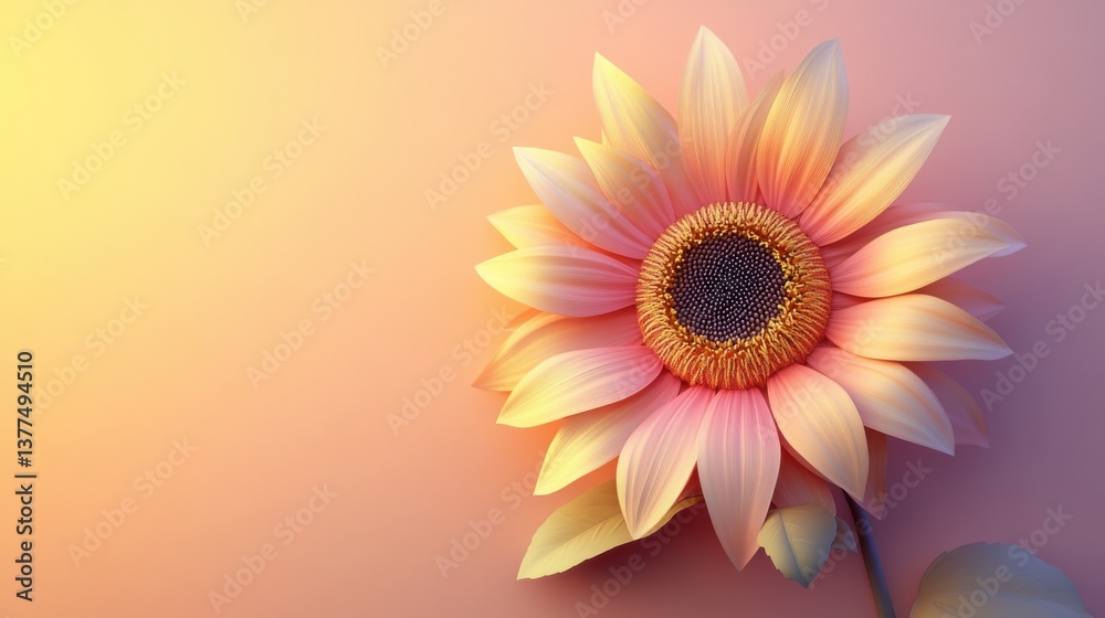 Obraz premium A vibrant sunflower with soft pastel colors, showcasing its intricate petals and seed center against a warm background.