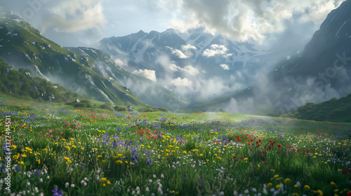  Sunlit mountain valley with wildflowers