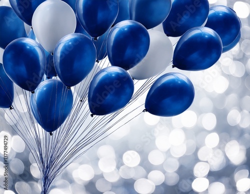 navy blue balloons with silver and white bokeh background, party celebration theme