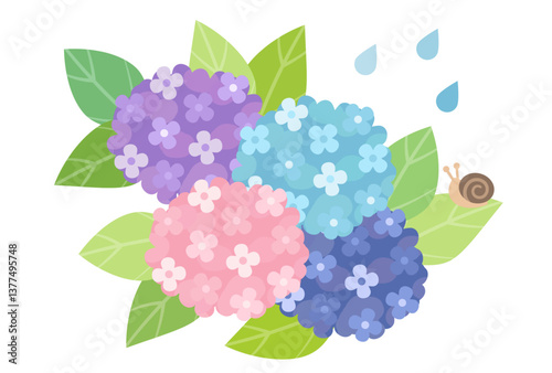 紫陽花が咲く梅雨のシンプルイラスト