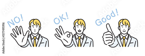 シンプル　イラスト　ハンドサインで意思表示する男子学生 人物セット