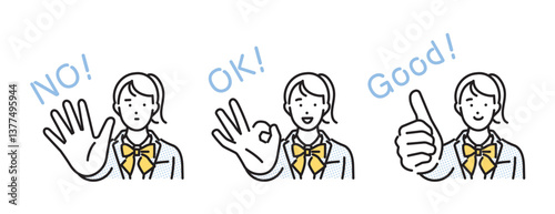 シンプル　イラスト　ハンドサインで意思表示する女子学生 人物セット