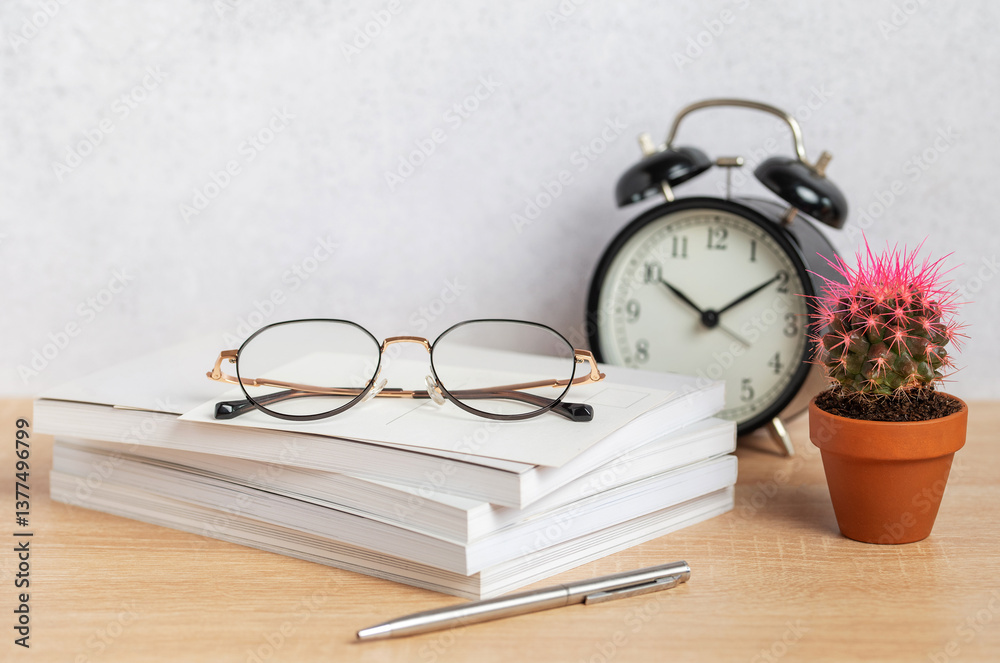 Eyeglasses resting on stack of notebooks with pen, alarm clock, and cactus