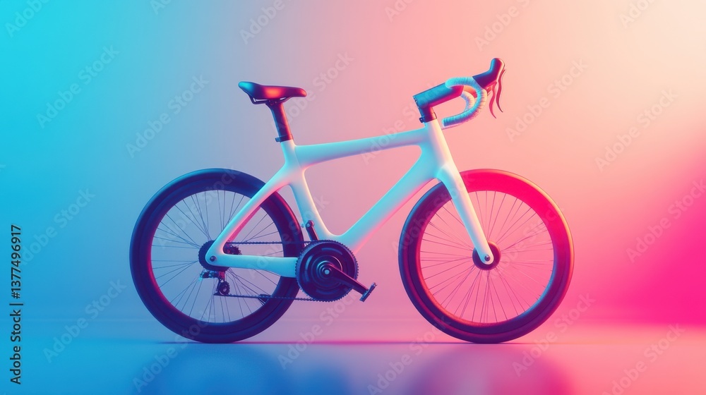 Obraz premium A sleek, modern bicycle displayed against a gradient background of blue and pink, emphasizing its design and vibrant colors.