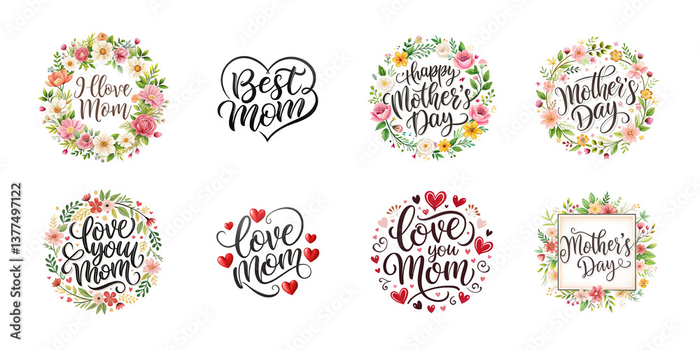 Obraz premium Happy mothers day calligraphy floral text isolated on transparent background