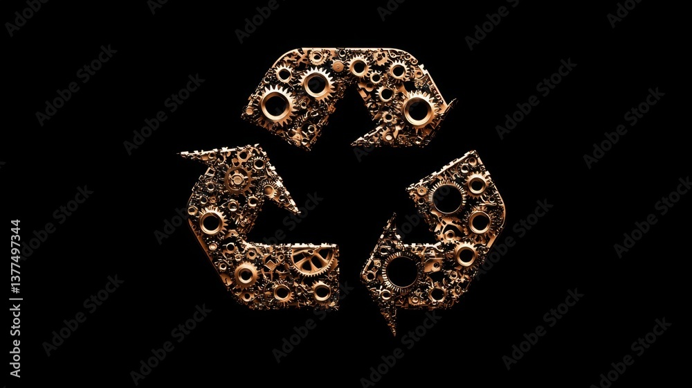 Fototapeta premium A steampunk-inspired recycling symbol composed of gears and mechanical elements, set against a black background.